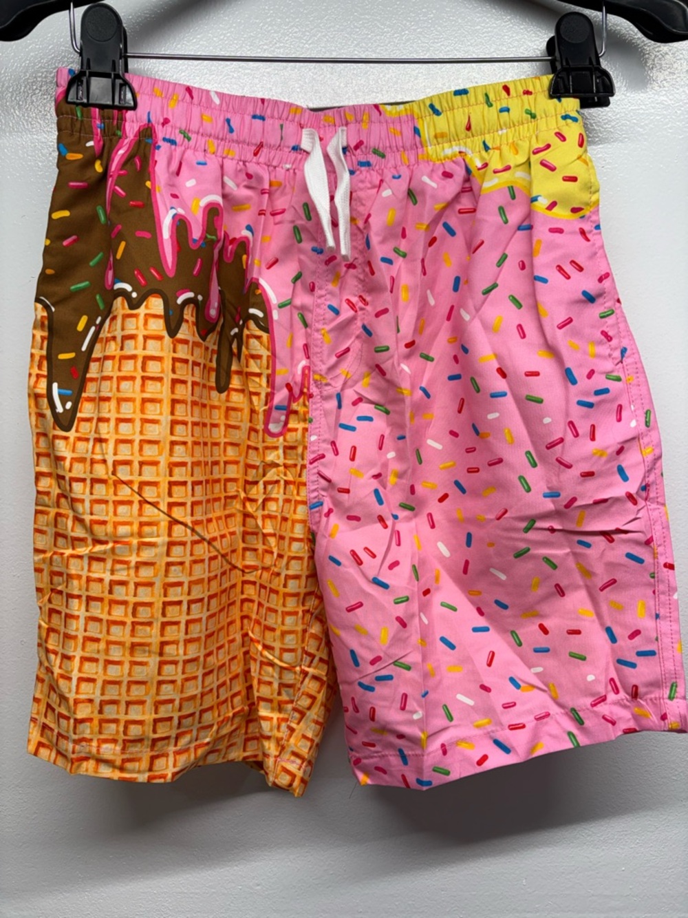 Ice Cream Cone drip Print Swim Trunks -Pink&Yellow Sprinkles Sz Y-Large (14-16)